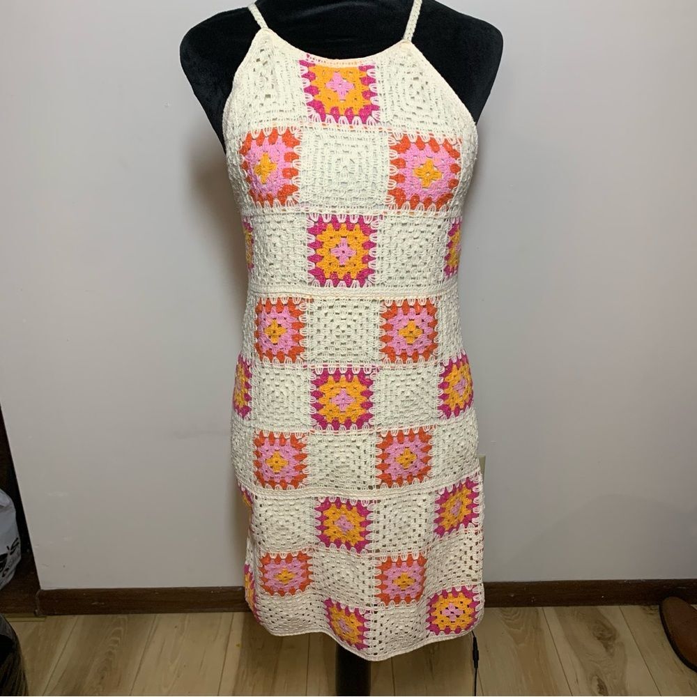Stradivarius Patchwork Crochet Mini Dress Ecru boho cottagecore Size medium